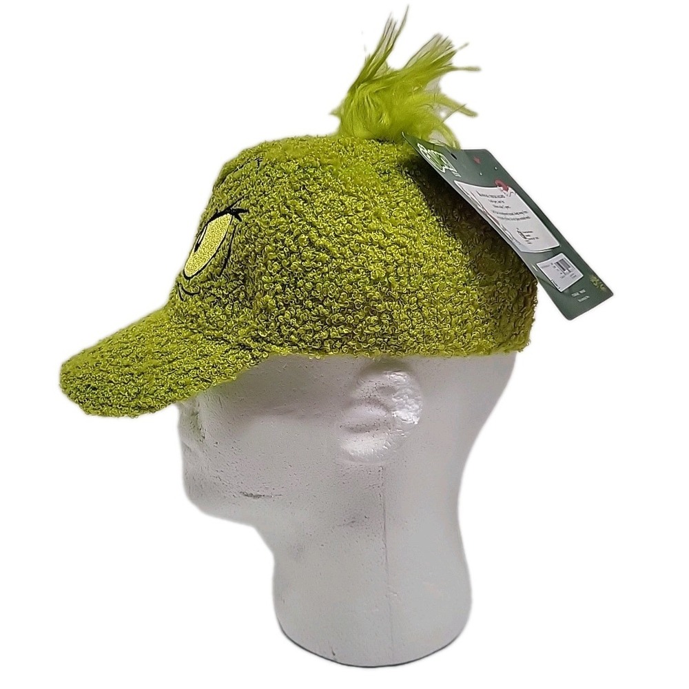 Dr Suess FUZZY The Grinch Hat Adjustable Cap Yellow Green Fuzzy NWT - Picture 2 of 8